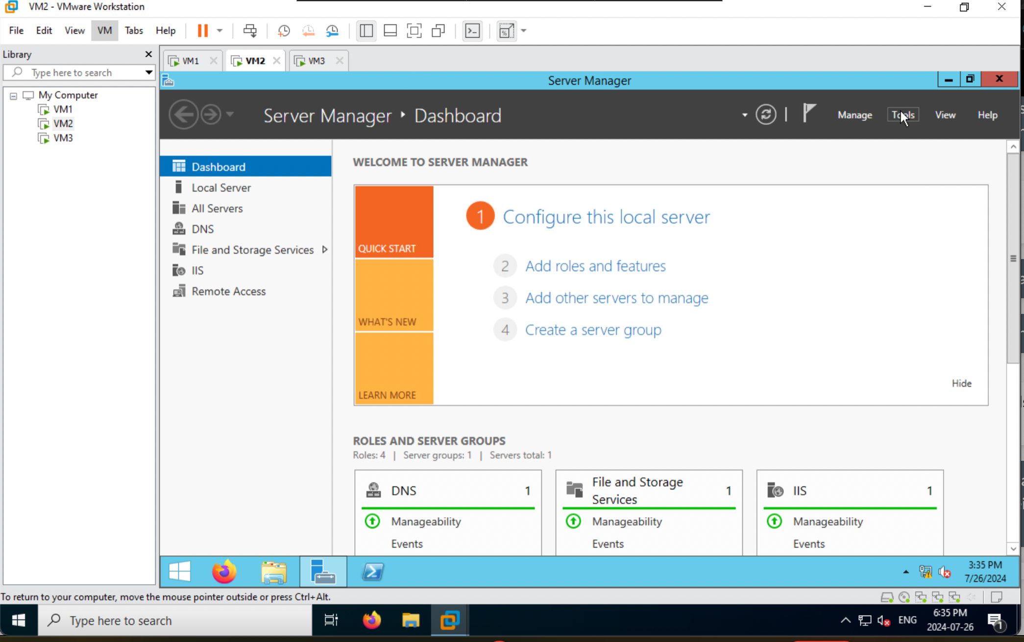 Preview of VM2 (Windows Server 2012)'s Server Manager Dashboard