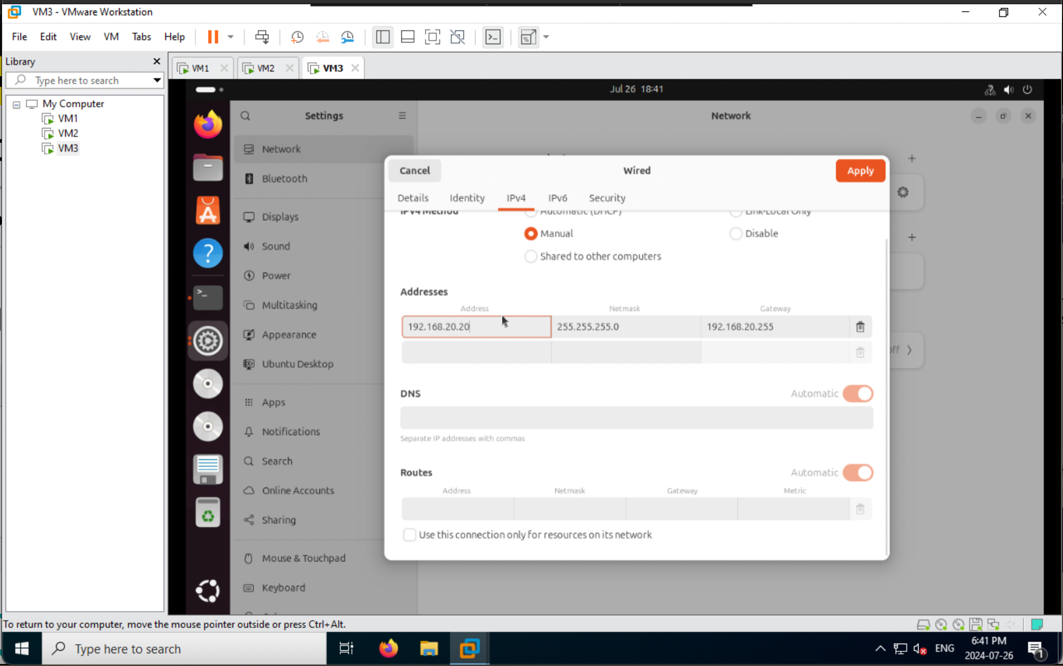 Ubuntu Desktop Network Configuration for VMnet7